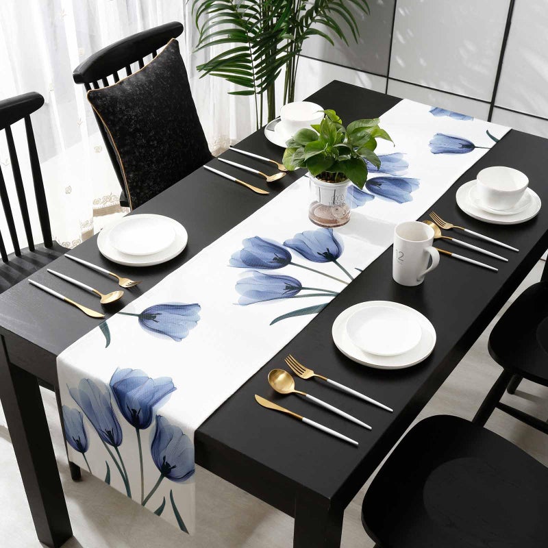 PIEPLE Floral Table Runner-Blue Tulip Cotton Linen-Long 90 inche Dresser Scarves,Flower Rustic Tablerunner for Kitchen Coffee/Dining Table Bedroom Home Living Room,Summer Spring Holiday Dinner Scarf Decor - Image 5